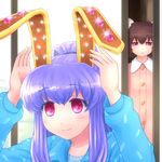  alternate_hairstyle animal_ears brown_hair bunny_ears buttons carrot commentary_request gem inaba_tewi jewelry long_sleeves multiple_girls open_door pajamas pink_eyes ponytail purple_hair reisen_udongein_inaba shirosato smile sweatdrop touhou walk-in 