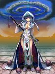  boots breasts brown_eyes center_opening cleavage collarbone detached_sleeves full_body hat katana large_breasts long_sleeves making_of masao mole mole_under_eye no_bra original personification revealing_clothes see-through side_slit silver_hair solo squid_hat standing sword twintails weapon wide_sleeves 
