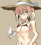  alternate_hairstyle areolae bikini bismarck_(kantai_collection) blonde_hair blue_eyes braid breasts brown_background hat iwasaki_takashi kantai_collection long_hair medium_breasts micro_bikini red_bikini single_braid solo straw_hat swimsuit upper_body 