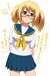  1girl annoyed aqua_eyes blonde_hair frown glasses hair_ribbon hayashi_custom looking_at_viewer original pleated_skirt red-framed_glasses ribbon school_uniform senjugiku_tabane serafuku short_hair simple_background skirt solo standing translation_request twintails white_background 