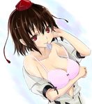  arm_up black_hair bra breasts cl_(h-sys.) condom condom_in_mouth hat looking_at_viewer medium_breasts mouth_hold open_clothes open_shirt pink_bra puffy_sleeves red_eyes shameimaru_aya shirt short_hair short_sleeves simple_background smile solo strap_slip string tokin_hat touhou underwear 