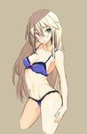  alternate_costume bismarck_(kantai_collection) blonde_hair blue_eyes bow bow_bra bra brown_background iwasaki_takashi kantai_collection long_hair panties purple_panties solo underwear underwear_only 