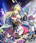  :d blonde_hair blue_eyes braid breasts butterfly_wings cleavage hair_ornament highres holding long_hair looking_at_viewer medium_breasts open_mouth shingoku_no_valhalla_gate sho_(runatic_moon) sitting smile solo staff twin_braids wings 