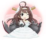  ;) ahoge akiran_(r32) bare_shoulders bridal_veil brown_hair cannon chibi dress elbow_gloves gloves hairband huge_ahoge jewelry kantai_collection kongou_(kantai_collection) long_hair mecha_musume necklace one_eye_closed outstretched_hand pearl_necklace smile solo strapless strapless_dress veil wedding_dress white_gloves 