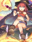  blue_eyes braid broom fire from_below full_body hat highres holding long_hair looking_at_viewer low_ponytail magical_girl miya_(tokumei) navel no_socks open_mouth original red_hair riding single_braid solo staff tail wind witch_hat 