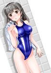  black_hair blush brown_eyes collarbone competition_swimsuit cowboy_shot long_hair mashinatsu one-piece_swimsuit open_mouth original skin_tight solo swimsuit towel 