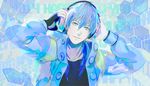 blue_hair dramatical_murder gloves headphones jacket long_hair male_focus mjo seragaki_aoba single_glove smile solo 