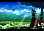  blurry bow cloud day depth_of_field dress farmer front_ponytail green_eyes green_hair hair_bow hair_ribbon kagiyama_hina landscape letterboxed light_rays long_dress long_hair looking_at_viewer looking_to_the_side open_mouth outdoors perspective red_dress ribbon rice_paddy scenery sky solo sunlight touhou tree tree_shade umigarasu_(kitsune1963) under_tree v_arms water 