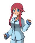  alternate_costume alternate_hairstyle blue_eyes blue_pants blue_shirt breasts cleavage closed_mouth collarbone cowboy_shot creatures_(company) dark_skin female fuuro_(pokemon) game_freak gym_leader hair_down hand_up happy long_hair long_sleeves looking_at_viewer medium_breasts nintendo pajamas pants pokemon pokemon_(game) pokemon_bw red_hair shirt simple_background smile solo standing teru_zeta white_background 