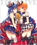  :p black_gloves black_hair black_legwear boots brown_eyes brown_hair cafe_maid checkered checkered_skirt copyright_name flower frills gloves hair_ornament hat hoshizora_rin knee_boots kneeling kuroki_(ma-na-tu) long_hair looking_at_viewer love_live! love_live!_school_idol_project microphone_stand multiple_girls necktie pinstripe_pattern rose short_hair skirt sleeveless sonoda_umi striped striped_legwear thighhighs tongue tongue_out treble_clef 