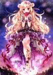  ange_vierge anklet barefoot black_dress blonde_hair covering_mouth double_bun dress flower frilled_dress frills gradient gradient_background hair_flower hair_ornament holding jewelry long_hair looking_at_viewer nogi_takayoshi original red_eyes rose solo 
