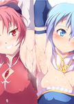  2girls armpits arms_up artist_request blue_hair blush bow breasts cleavage elbow_gloves erect_nipples female gloves grin hair_bow large_breasts mahou_shoujo_madoka_magica medium_breasts miki_sayaka multiple_girls pixiv_manga_sample ponytail red_hair rei_oe sakura_kyouko short_hair smile soul_gem stain sweat sweat_stain 