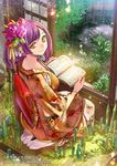  bad_id bad_pixiv_id bamboo bamboo_shoot book company_name copyright_name flower hair_ornament holding holding_book japanese_clothes kimono looking_at_viewer official_art ponytail pop_kyun purple_hair rain rose sitting smile solo tenka_touitsu_chronicle watermark yellow_eyes 