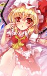  blonde_hair bow flandre_scarlet hat hat_bow mob_cap navel open_mouth puffy_short_sleeves puffy_sleeves red_eyes shirt short_sleeves side_ponytail skirt skirt_set slit_pupils solo touhou vest wings yamu_(reverse_noise) 