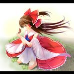  ascot bow brown_hair bug butterfly butterfly_on_hand detached_sleeves grass hair_bow hair_tubes hakurei_reimu highres insect letterboxed long_hair looking_at_another outdoors ribbon-trimmed_sleeves ribbon_trim sitting skirt skirt_set smile solo touhou wariza wind youzi_(tobychan367549) 