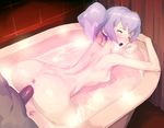  1girl anus areolae ass bath bathroom bathtub bent_over blood breasts censored earrings eyes_closed from_behind jewelry legs long_hair nipples nude open_mouth penis purple_hair quadrastate sex small_breasts steam tears thighs top_wo_nerae_2! twintails tycho_science vaginal virgin water 