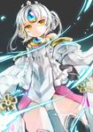  2014 bad_id bad_pixiv_id code:_empress_(elsword) dated detached_sleeves elsword eve_(elsword) expressionless forehead_jewel from_below grey_background miniskirt short_hair signature skirt solo vilor white_hair white_sleeves yellow_eyes 