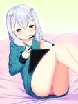  absurdres ass blue_eyes can commentary drinking eromanga_sensei highres izumi_sagiri knees_up leaning_back legs long_hair no_pants panties pink_panties silver_hair sitting soda_can solo straw tablet_pc thesdroz underwear 