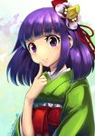  bob_cut colored_eyelashes finger_to_mouth flower hair_flower hair_ornament hieda_no_akyuu japanese_clothes kimono looking_at_viewer obi purple_eyes purple_hair sash smile solo_focus texture touhou umigarasu_(kitsune1963) wide_sleeves 