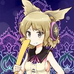  aki_inu bare_shoulders baton breasts brown_eyes brown_hair collar dress earmuffs grin looking_at_viewer lowres medium_breasts pointy_hair ribbon ritual_baton shirt short_hair sideboob sleeveless sleeveless_dress sleeveless_shirt smile solo touhou toyosatomimi_no_miko upper_body 