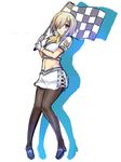  blue_eyes breasts checkered checkered_flag flag full_body gloves hamakaze_(kantai_collection) horosuke_(toot08) kantai_collection large_breasts navel pantyhose race_queen short_hair simple_background skirt solo white_hair 