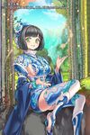  :d bad_id bad_pixiv_id bamboo bamboo_forest black_hair breasts forest green_eyes hair_ornament hat looking_at_viewer medium_breasts nature official_art open_mouth original pop_kyun rock sangokushi_ranbu short_hair sideboob sitting smile solo 