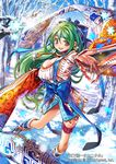  :d bad_id bad_pixiv_id bow breasts brown_eyes cleavage company_name copyright_name green_hair hair_bow hair_ornament hair_ribbon large_breasts long_hair looking_at_viewer official_art open_mouth pop_kyun ribbon smile snow solo tenka_touitsu_chronicle watermark wide_sleeves 