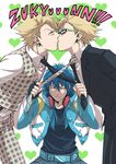  blonde_hair blue_hair dramatical_murder earrings formal glasses headphones headphones_around_neck heart jacket jewelry kiss male_focus multiple_boys necktie necktie_grab neckwear_grab pants plaid plaid_pants plaid_vest seragaki_aoba spiked_hair suit trip_(dramatical_murder) umemiyachu vest virus_(dramatical_murder) yaoi zukyuun 