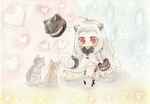  1girl abyssal_ship ahoge barefoot cat colored_skin commentary_request covered_mouth dress highres horns kantai_collection long_hair mittens northern_ocean_princess pale_skin red_eyes sitting traditional_media white_dress white_hair white_skin yuuki_chima 