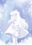  ahoge dress highres horns kantai_collection kohige long_hair looking_away mittens northern_ocean_hime red_eyes shinkaisei-kan sketch snowing solo standing white_dress white_hair white_skin 