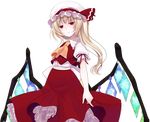  ascot blonde_hair crote expressionless flandre_scarlet frilled_skirt frilled_sleeves frills hat hat_ribbon highres mob_cap puffy_short_sleeves puffy_sleeves red_eyes ribbon short_sleeves side_ponytail skirt touhou transparent_background vest wing_collar wings 