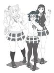  3girls ahoge asymmetrical_hair braid breasts flat_chest freckles galko glasses greyscale gyaru-ko hair_bun highres ice_cream_cone large_breasts long_hair makkuro_rokusuke monochrome multiple_girls ojou_(galko) ojou_(gyaru-ko) one_side_up oshiete!_galko-chan oshiete!_gyaru-ko-chan ota-ko_(gyaru-ko) otako_(galko) pantyhose plaid plaid_skirt pleated_skirt scrunchie short_hair side_braid side_bun skirt socks sweater_vest twin_braids waffle_cone 