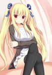  bad_id bad_pixiv_id black_legwear blonde_hair bow breasts casual crossed_arms crossed_legs hair_bow hair_ribbon large_breasts long_hair looking_at_viewer original red_eyes ribbon ro-ichi sitting solo twintails 