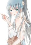  :d bangs blue_eyes blue_hair book dress eyebrows_visible_through_hair from_side highres hiro_(hirohiro31) holding long_hair looking_at_viewer open_mouth original pen pixiv-tan ponytail simple_background smile solo white_background white_dress 