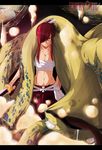  breasts cleavage erza_scarlet fairy_tail grin hair_over_one_eye hair_ribbon large_breasts long_hair looking_at_viewer mashima_hiro open_mouth red_eyes red_hair ribbon smile solo sword weapon 