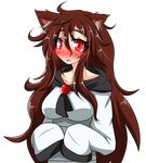  absurdres animal_ears blush breasts brooch brown_hair collarbone dress fang highres imaizumi_kagerou jewelry large_breasts long_hair long_sleeves looking_at_viewer open_mouth red_eyes rindou_(p41neko) sleeves_past_wrists solo touhou transparent_background wolf_ears 