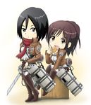  akiran_(r32) black_hair boots bread brown_eyes brown_hair chibi cropped_jacket eating emblem food knee_boots mikasa_ackerman multiple_girls paradis_military_uniform ponytail red_scarf sasha_braus scarf shingeki_no_kyojin short_hair sitting sword three-dimensional_maneuver_gear training_corps_(emblem) weapon 