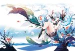  blue_eyes blue_hair bottle_miku fish floating_hair hair_ribbon hatsune_miku highres liquid_hair long_hair midriff rednian ribbon school_uniform serafuku skirt solo starfish submerged twintails underwater very_long_hair vocaloid 