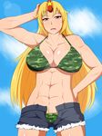  abs bikini blonde_hair blue_sky breasts camouflage camouflage_bikini cloud day hand_in_hair hand_on_hip hand_up highres horn hoshiguma_yuugi lactone large_breasts long_hair muscle open_clothes open_fly open_mouth open_shorts red_eyes short_shorts shorts sky solo swimsuit touhou 
