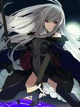  bad_id bad_twitter_id bare_shoulders belt boots breasts cape covered_navel full_moon grey_hair highres kagetomo_midori long_hair medium_breasts moon navel night night_sky red_eyes see-through silver_hair sky solo thigh_boots thighhighs very_long_hair 