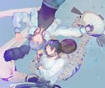  belt black_hair blue_hair bracelet closed_eyes collar dog dramatical_murder fingerless_gloves from_above gloves hat hat_removed headphones headphones_around_neck headwear_removed highres jacket jewelry long_hair mjo multiple_boys ren_(dramatical_murder) sei_(dramatical_murder) seragaki_aoba short_hair single_glove skeleton studded_bracelet studded_collar 