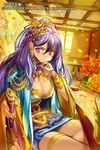  :| bad_id bad_pixiv_id breasts cleavage closed_mouth hair_ornament hand_on_own_chin holding large_breasts long_hair official_art original pop_kyun purple_eyes purple_hair reading sangokushi_ranbu scroll sitting solo v-shaped_eyebrows 