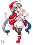  :d ahoge alternate_costume artist_logo black_legwear blue_hair boots christmas commentary_request dated dress full_body grey_eyes grey_hair hair_between_eyes hair_bun hat highres kanon_(kurogane_knights) kantai_collection kiyoshimo_(kantai_collection) long_hair long_sleeves looking_at_viewer low_twintails meme_attire open_mouth pantyhose red_dress red_footwear sack santa_costume santa_hat simple_background smile solo standing standing_on_one_leg tongue tongue_out twintails very_long_hair white_background white_dress 