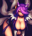  animal_ears bangs bent_over black_background breasts cleavage cowboy_shot downblouse facial_mark fox_ears fox_tail fur_trim gengoroumaru_(ambidextrous) hair_ornament hair_over_one_eye hanging_breasts japanese_clothes jewelry kimono large_breasts long_sleeves looking_at_viewer lucent_heart multiple_tails neck_ring no_bra obi pom_pom_(clothes) pulled_by_self purple_hair red_eyes sash short_hair side_slit simple_background smirk solo swept_bangs tail thighs tsuki_(lucent_heart) wide_sleeves 