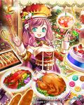 :d bad_id bad_pixiv_id blue_eyes bread cake chef_hat chicken_(food) christmas christmas_stocking christmas_tree christmas_wreath food hair_ornament hat holding ladle long_hair looking_at_viewer official_art open_mouth pop_kyun purple_hair smile solo spatula tenkuu_no_crystalia very_long_hair watermark web_address whisk window 