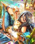  :p bad_id bad_pixiv_id black_hair bottle breasts cleavage hair_ornament holding large_breasts long_hair looking_at_viewer navel official_art original pop_kyun purple_eyes sitting solo tenkuu_no_crystalia tongue tongue_out watermark web_address 