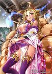  :d animal_ears blonde_hair breasts cleavage company_name copyright_name fox_ears fox_tail hair_ornament hair_tubes large_breasts long_hair looking_at_viewer multiple_tails official_art open_mouth pop_kyun rain smile solo tail tenka_touitsu_chronicle watermark wet wet_clothes yellow_eyes 
