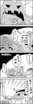  2girls 4koma alcohol closed_eyes comic commentary crying crying_with_eyes_open drinking drooling greyscale hat highres hinanawi_tenshi horns ibuki_suika kawashiro_nitori monochrome multiple_girls open_mouth plate sake shoujo_kitou-chuu smile sweatdrop tani_takeshi tears touhou translated trembling two_side_up waking_up yukkuri_shiteitte_ne 