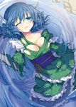  bad_id bad_pixiv_id bare_shoulders blue_eyes blue_hair blush breasts head_fins japanese_clothes medium_breasts mermaid monster_girl one_eye_closed partially_submerged shikitani_asuka short_hair solo torn_clothes touhou wakasagihime water 