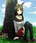  animal_ears black_legwear blue_sky breasts brooch brown_hair cleavage cloud cloudy_sky day fangs fingernails flower imaizumi_kagerou jewelry long_fingernails long_hair long_sleeves long_toenails looking_at_viewer nail_polish plant red_eyes sharp_fingernails shoes sitting skirt skirt_set sky small_breasts solo thighhighs toenails touhou tree very_long_hair wolf_ears yoshiki_yoshiki 